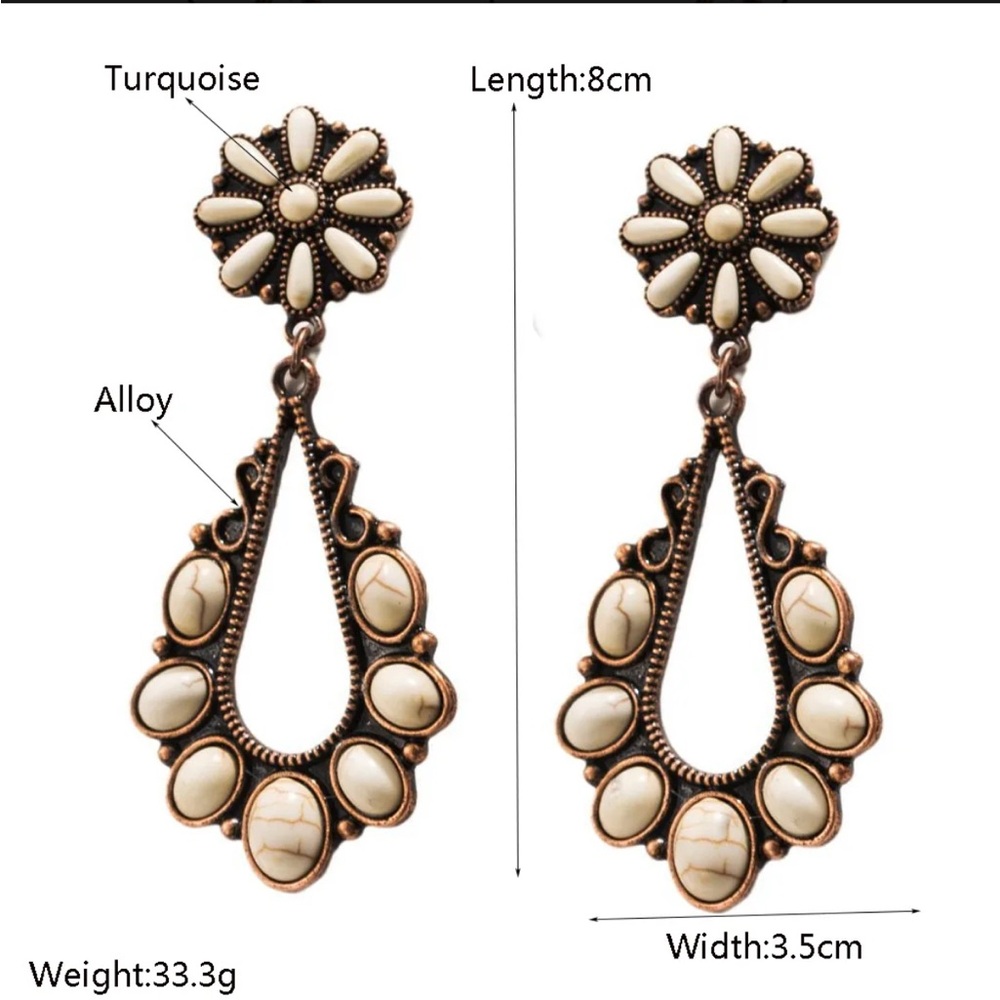 Elegant Copper and Cream Floral Drop Earrings December Birthstone Turquoise - Picture 2 of 2